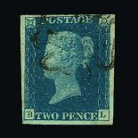 Great Britain - QV (line engraved) : (SG 4) 1840 2d deep full blue, plate 2, BL, 4 tiny to huge