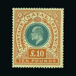 Natal : (SG 145) 1902 CC £10 green and orange unused without gum, light crease, handstamped on