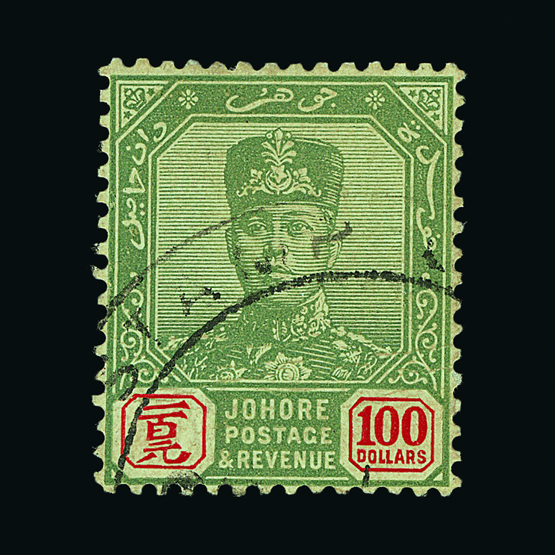 Malaya - Johore : (SG 127) 1922-41 Script $100 green and red fine fiscally used Cat £150 (image