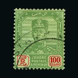 Malaya - Johore : (SG 127) 1922-41 Script $100 green and red fine fiscally used Cat £150 (image