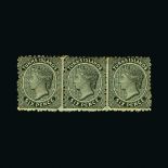 Turks Islands : (SG 2) 1867 No wmk 6d black fresh mint horiz strip of three, fine Cat £360 (image