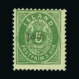 Iceland : (SG 41) 1897 prir opt on 5s green large letters P12½ m.m. centred NW Cat £1000 (image