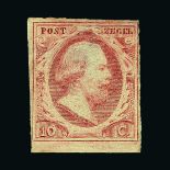 Netherlands : (SG 2) 1852 King Willem 10c carmine, 4 margins unused (no gum) - attractive. (image