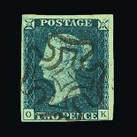 Great Britain - QV (line engraved) : (SG 5) 1840 2d blue, plate 1, OK, 4 tiny to huge margins, crisp