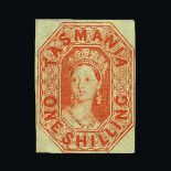 Australia - States - Tasmania : (SG 41) 1858 1s vermilion fresh mint, cut close at foot, patchy