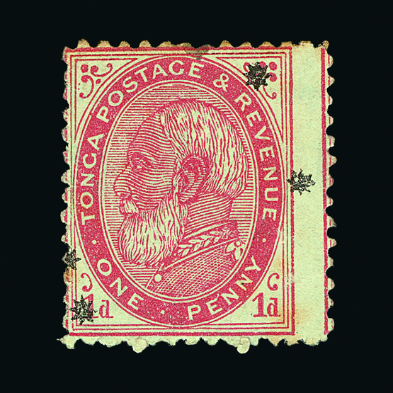 Tonga : (SG 7b) 1891 perf 12½ ovptd with FOUR STARS 1d carmine, off-centre to left, tone spotting