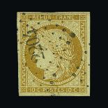 France : (SG 1) 1849 Ceres 10c yellowish-bistre, 4 margins fu with light numeral cancellation