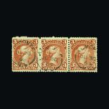 Canada : (SG 58) 1868-71 3c brown red horiz strip of three, slight perf faults on left stamp, neat