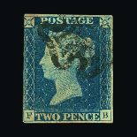 Great Britain - QV (line engraved) : (SG (5)) 1840 2d bright blue, plate 1, FB, 3½ margins, black