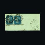 Great Britain - QV (line engraved) : (SG 5) 1840 2d blue plate 2 lettered BG-BH, pair tied on