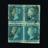 Great Britain - QV (line engraved) : (SG 14) 1841 2d blue plate 3 used block of 4, four margins,