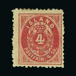 Iceland : (SG 6) 1873 4sk carmine P12½ with gum centred to right with 1989 Lasse Nielsen cert