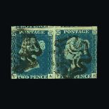 Great Britain - QV (line engraved) : (SG 5d) 1840 2d blue, plate 1, horizontal pair, PA-PB, with