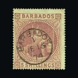 Barbados : (SG 64) 1873 Britannia 5s dull rose cds used Cat £300 (image available) [US1]