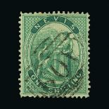 St. Kitts and Nevis - Nevis : (SG 20c) 1876-78 1s green variety crossed lines on hill v.f.u. (