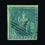 Barbados : (SG 3) 1852-55 blued paper (1d) blue, fine used. Cat £190 (image available) [US1]