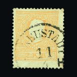 Austria : (SG 22b) 1859 Head 3k Orange (Pale), Type II, Perf.15. f.u. Part c.d.s. Centred to NW.