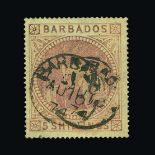 Barbados : (SG 64) 1873 5/-  dull rose cds used, better than average centering, a small nick between