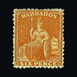 Barbados : (SG 70) 1875-80 CC perf 12½ 6d chrome yellow fresh mint, part original gum Cat £650 (