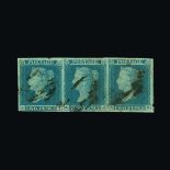 Great Britain - QV (line engraved) : (SG 13) 1841 2d pale blue, plate 3, horizontal strip of 3, EI-