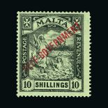 Malta : (SG 114-21) 1922 KGV  Wmk. Script CA. Set to 10/-. Fresh m.m. mixed centring on 2/- & 10/-(