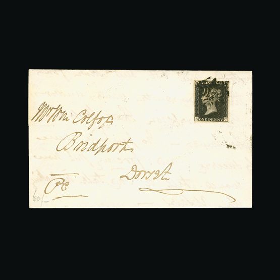 Great Britain - Covers - QV : (SG 2) 1840 1d black, plate 10, SC, 4 close to large margins, tied