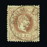 Austria : (SG AH57) 1867 Emperor 'coarse whiskers'  p.12  50k deep brownish rose, fu. Cat £425 (