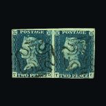 Great Britain - QV (line engraved) : (SG 5) 1840 2d blue, plate 1, horizontal pair TD-TE, margins