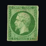 France : (SG 44) 1853-61 Napoleon imperf 5c deep green, 4 margin example fresh mm with original gum,