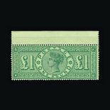 Great Britain - QV (surface printed) : (SG 212) 1891 £1 green, KB, top marginal example, centred