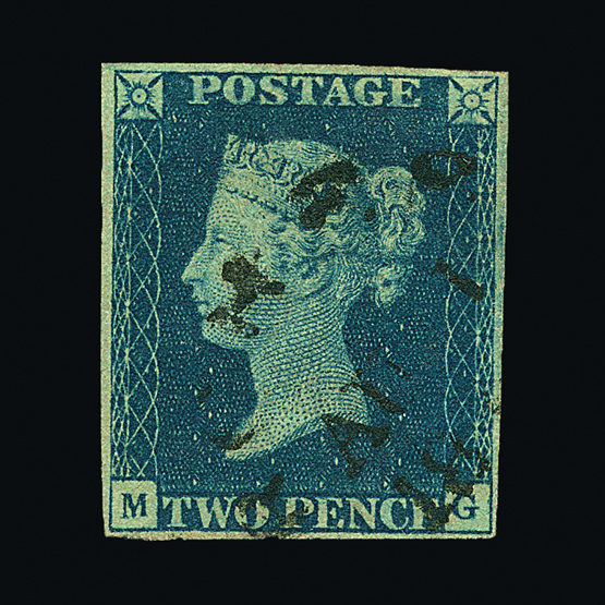 Great Britain - QV (line engraved) : (SG 5l) 1840 2d blue, plate 2, MG, 4 smallish margins,