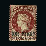 St. Helena : (SG 8a) 1864 QV Crown CC P12½ 1d on 6d lake (type C) surcharged in blue-black with