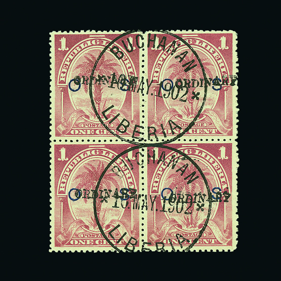 Liberia : (SG 175) 1901 ovptd. ORDINARY 1c purple, block of 4, crisp BUCHANAN cds's of 10 MAY