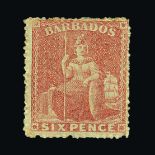 Barbados : (SG 29) 1861 QV No Wmk. Rough Perf. 14 to 16. 6d Rose-Red, fresh m.m. Expertised by