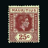 Mauritius : (SG 259ba) 1938 KG6 25c brown-purple with 'IJ' flaw lightly m.m. Cat £300 (image