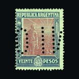 Argentina : (SG 411) 1912-13 Ploughman issue 20p claret & blue with perfin - fresh mm example of