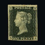 Great Britain - QV (line engraved) : (SG 2) 1840 1d black, plate 3, NB, 4 small to huge margins,