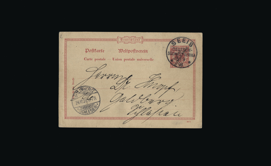 Germany - Colonies - South West Africa : 1898 SEEIS : 1897 provisional 10pf postcard to Germany with