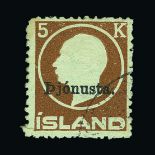 Iceland : (SG O152) 1922 Official 5k yellow-brown cds used rounded corner perf Cat £250 (image