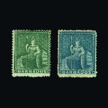 Barbados : (SG 17, 19) 1861 QV Clean-Cut Perf. No Wmk. (½d) Deep-Green Perf.15½ x 15½, & (1d) Deep-