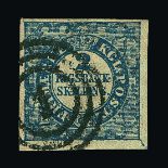 Denmark : (SG 1) 1851 Fewslew printing, Wmk.Crown 2 R.B.S. Blue, imperf. with 4 nice margins. f.u.