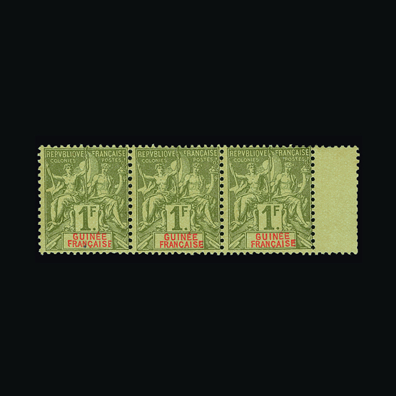 France - Colonies - Guinea : (SG 1-13) 1892 Tablet type 1c - 1F set in strips of three, some