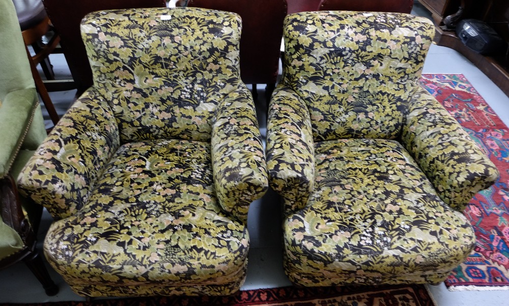 Matching Pair of large Victorian Armchairs, on turned legs, leaf and bird patterns.