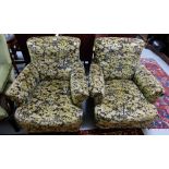 Matching Pair of large Victorian Armchairs, on turned legs, leaf and bird patterns.