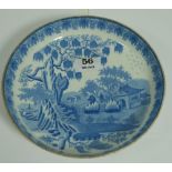 Circular Blue and White Chinese shallow Bowl, Garden scene 8” dia. & 4 blue and white Mintons Plates