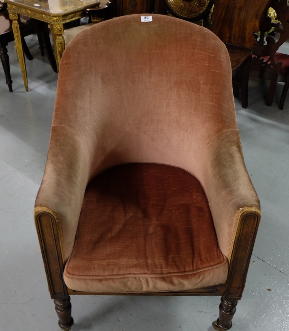 19thC Rosewood Library Armchair, on turned front legs, brass castors, pink velour fabric, sprung