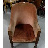 19thC Rosewood Library Armchair, on turned front legs, brass castors, pink velour fabric, sprung