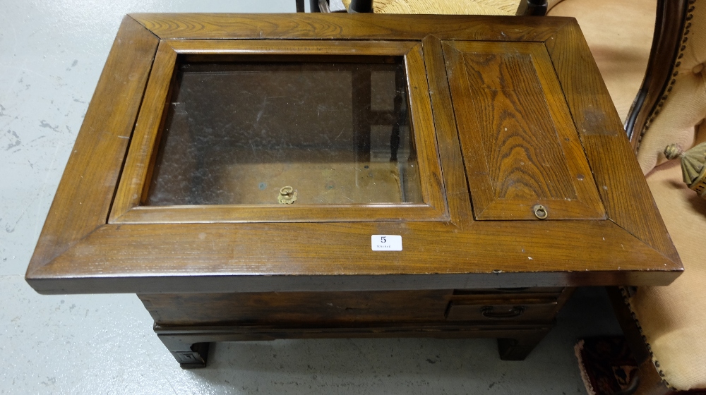 Old Korean Red Elm Hibaci, with glass top, copper lined compartments and 2 drawers,  21”d x 19”h x