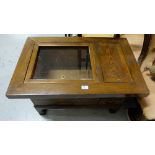 Old Korean Red Elm Hibaci, with glass top, copper lined compartments and 2 drawers,  21”d x 19”h x