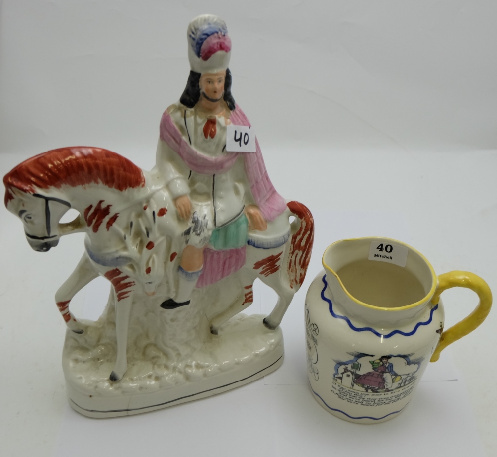 Royal Doulton Jug, inscribed with English rhymes & a coloured Staffordshire Horseback figure.